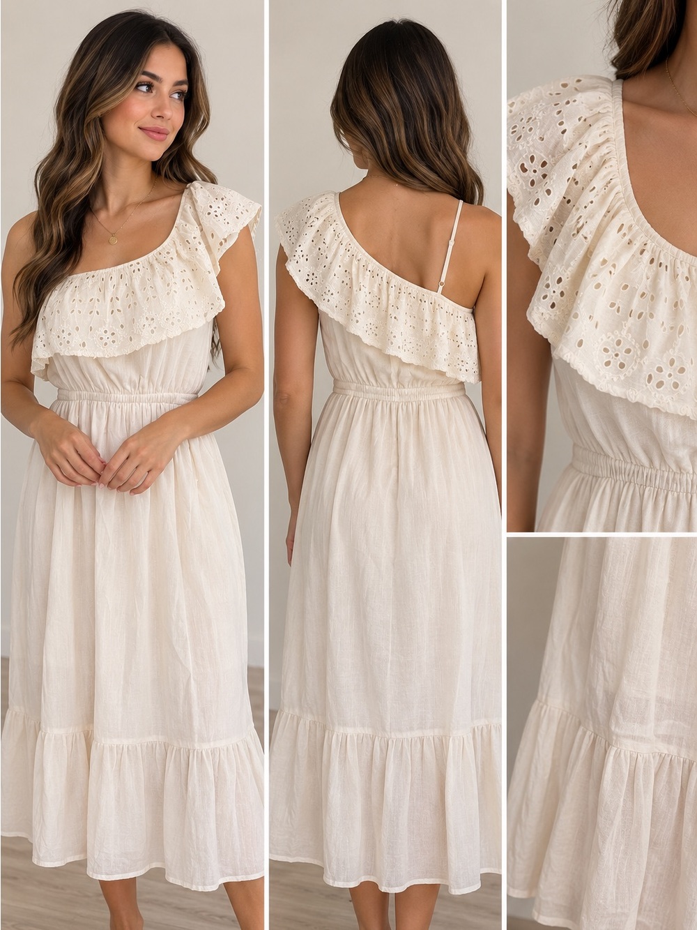 Old Navy One-Shoulder Eyelet Ruffle Midi Dress - Cream